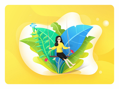 A girl swinging in the forest flowers forest girl illustration plant vector yellow