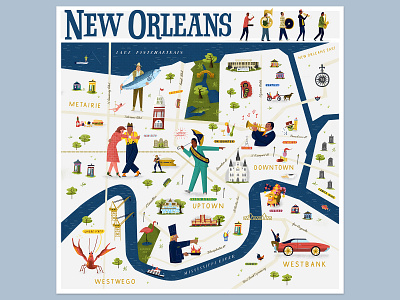 Illustrated Map of New Orleans dancing handlettering illustraion illustratedmap illustration jazz map neworleans vector illustration