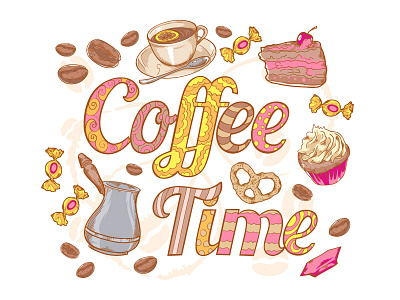 Coffee Time cake candy card cartoon coffee cupcake illustration retro sweets tea vector vintage