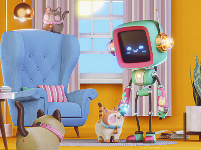 Robot & Cats 3d 3d animation blender blender3d cartoon character cats character design design eevee furniture interior livingroom robot stylized