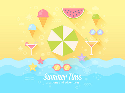Summer flat card flat holiday ice cream icons illustration illustrator sea summer sunglasses vacation vector watermelon
