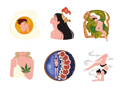 Stickers with characters avocado toast cannabis coffee shops design egg fish food food bloggers illustration lingerie model restaurants smoothie stickers swimmer vacation vector woman