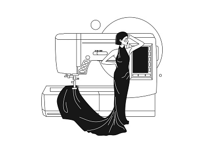 Woman in black dress with sewing machine