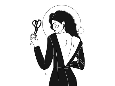 Woman in black dress with bare back and scissors