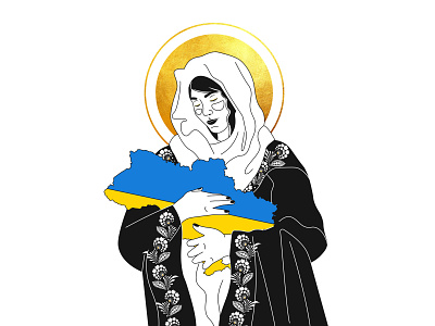 Madonna embraces Ukraine art black black white blue design gold illustration linear image madonna model ornament petrikovskaya painting photo red stopwar ukraine ukrainian painting woman yellow