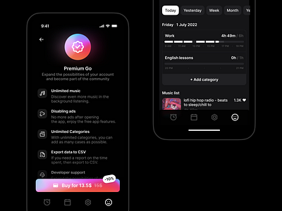 Pomodoro timer — Premium Go app design ui ux