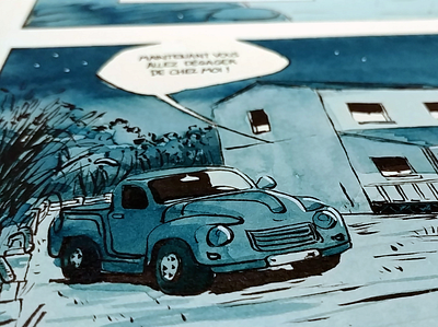 Strangers comic - illustration : Barn Finds 1960 Studebaker blue comic illustration ink