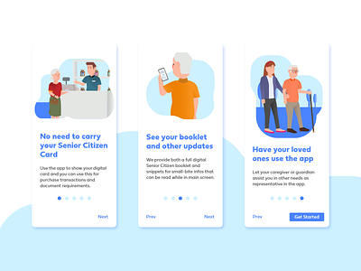 Senior Citizen App Concept - Onboarding flat minimal mobile onboarding vector