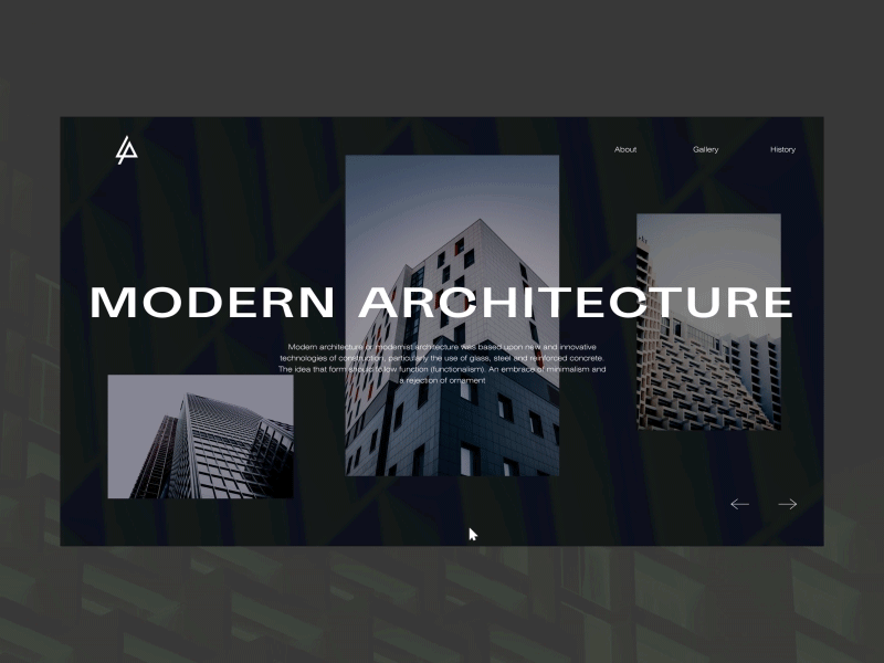 Architecture foto gallery website: first screen aftereffects animation dark ui design figma figmadesign photoshop portfolio ui web