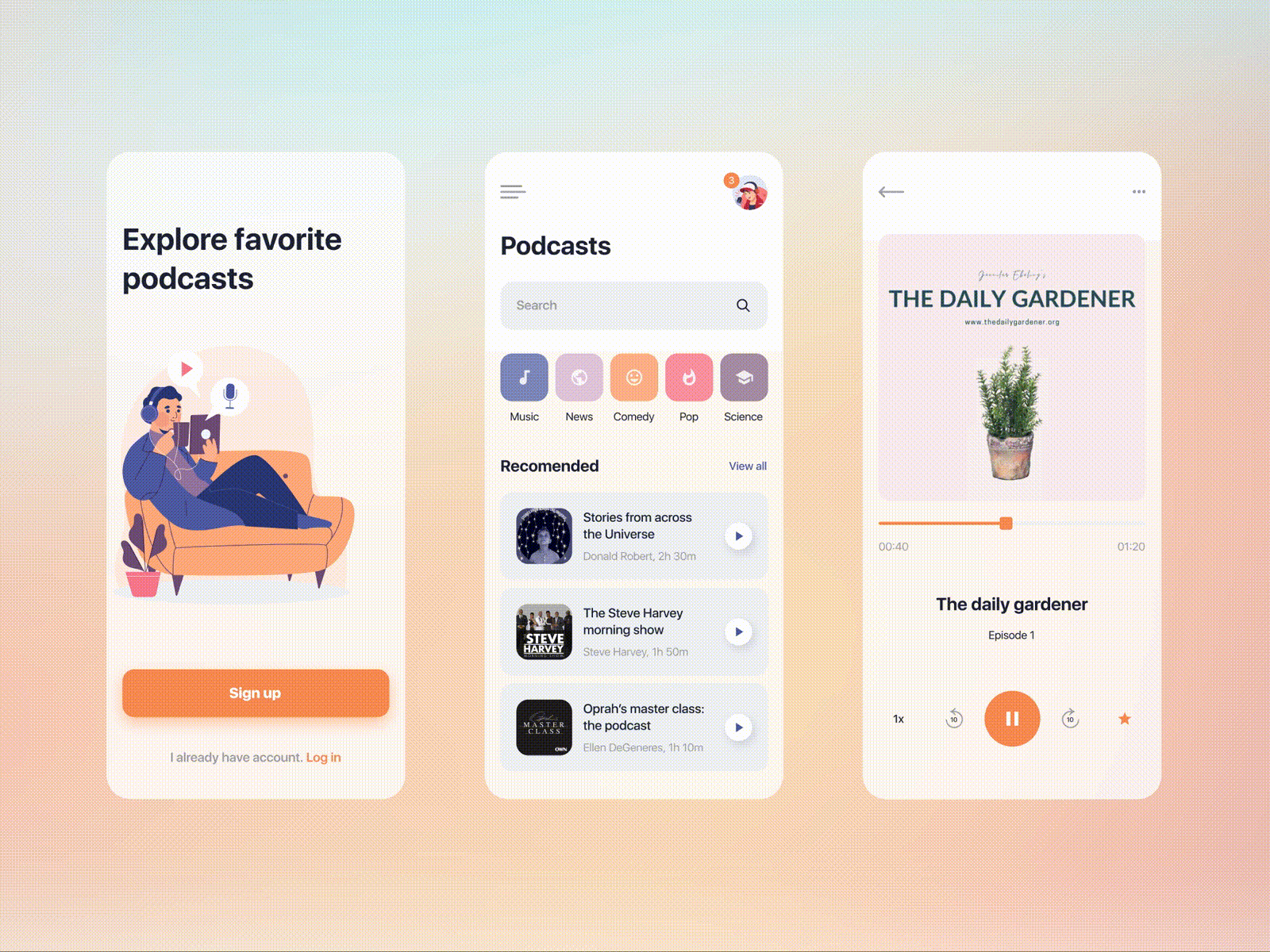 Podcast iOs application app design applicaiton application design homepage illustration mobile app music podcast ui vector