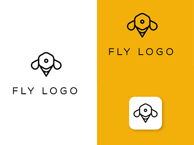 Fly logo design in shape of hexagon. bee branding clean comb company logo design elegant featured fly fly logo foodie honey honeybee honeycomb icon line logo minimal restaurant yellow