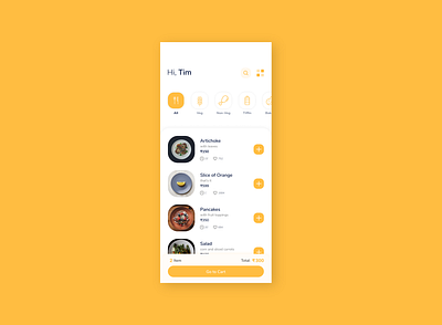 Food App Design Idea. app cafe categories clean design elegant food item like list minimal mobile option order price product restaurant search ui yellow