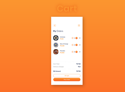 Food App Cart Screen Idea add subtract app bag basket bill cafe cart clean delete design details elegant food item minimal order price restaurant split ui