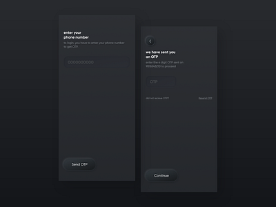 login and OTP screen in dark theme
