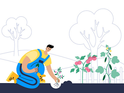 Planting vegetables agriculture character couple flat garden illustration man minimal planting sprouts tomato watering