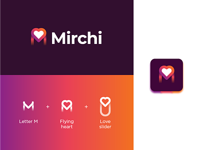 Mirchi brand identity branding design gradient heart icon identity identity design illustrator letter m logo logo design logos love minimalist modern
