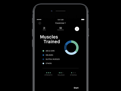 Exercise Benefits app black chart clean coach exercise fitness gym muscles training ui workout