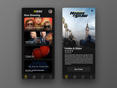 Golden Screen Cinema Apps Redesign application apps cinema golden screen cinema gsc hobbs shaw ios iphone it chapter two malaysia minimal movie once upon a time in hollywood redesign starwars