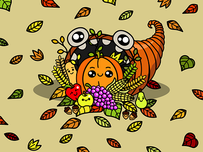 Cornucopia Monster adobe alive animation character cornucopia denver design designer eyes food icon illustration illustrator leaf leaves logo minimal monster thanksgiving vector