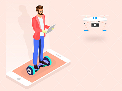 Businessman experimenting a drone quadrocopter 3d board businessman driving drone hover illustration isometric mobile quadrocopter working
