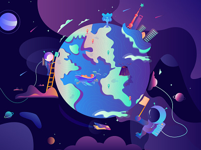 World Clean Earth Day gradient color illustration art illustrations interface design the universe 东方明珠 云朵 地球 宇航员 星球 清洁 鲸