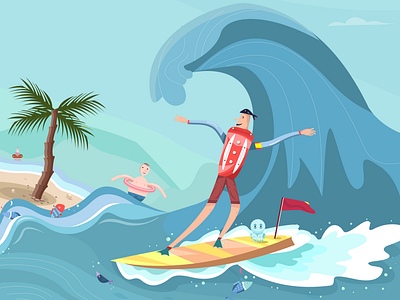 Surfing Man illustrations interface design ocean surfing 插畫藝術 椰子树 游泳 矢量插圖 設計