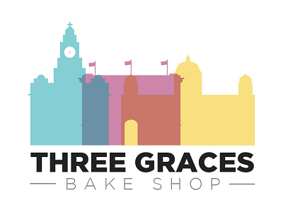 Three Graces Bake Shop blue logo pink yellow