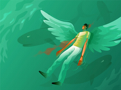 0_0 art artwork design design art drowning fallen angel green water illustration illustrator man sea shark sinking sketch water wing