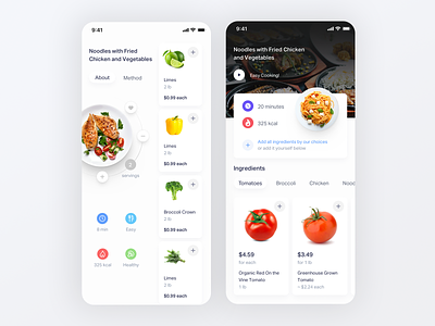 Dish page UI 3d app design calories chicken wings dish food grocery ingredient ios ios app ios14 kcal plate plates servings shopping simple ui ux white
