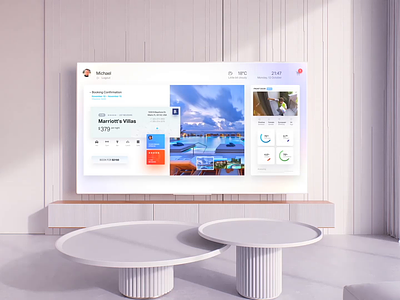 Book a hotel TV interface booking camera clean dashboard ecosystem hotel interface loader loading mockup multitasking operating system simple smarthome travel tv ui ux voice wave