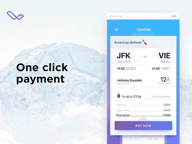 One click payment flow for tinder travel concept by fantasy 3d aep ai aircraft animation circle click ios loader motion one pay payment plane premium tickets travel ui ux wallet