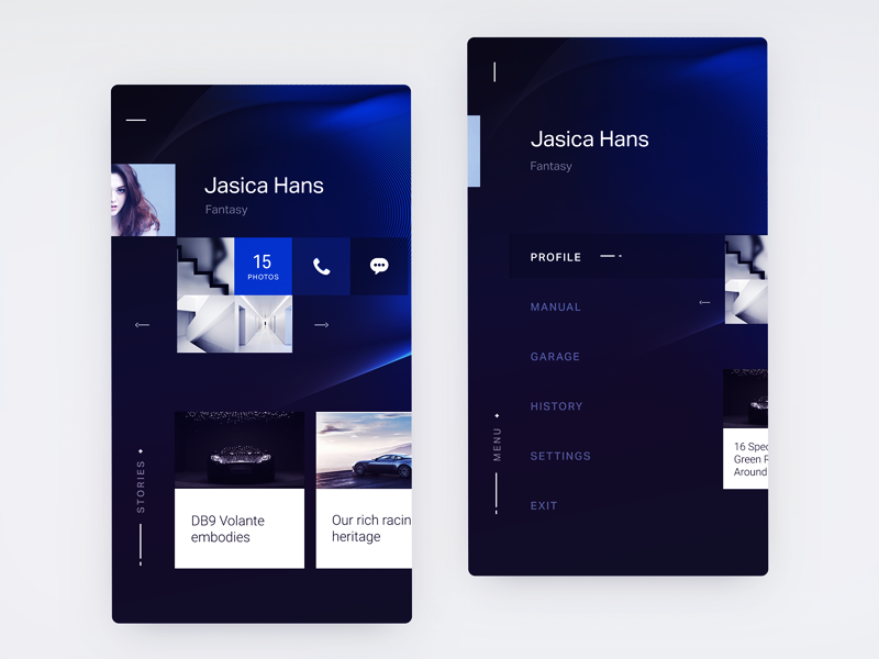 Aston Martin UI metro blue cards background phone ux ui profile martin aston product ios
