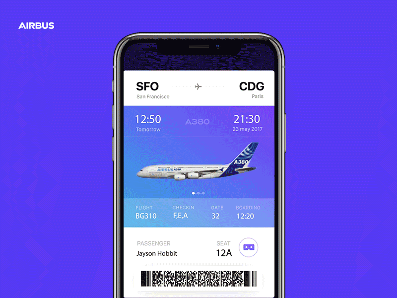 AR in flight experience for Airbus ifly A380 aep aircraft animation ar arkit booking business clouds flight ios iphone iphonex motion plane reality ticket travel ui ux vr