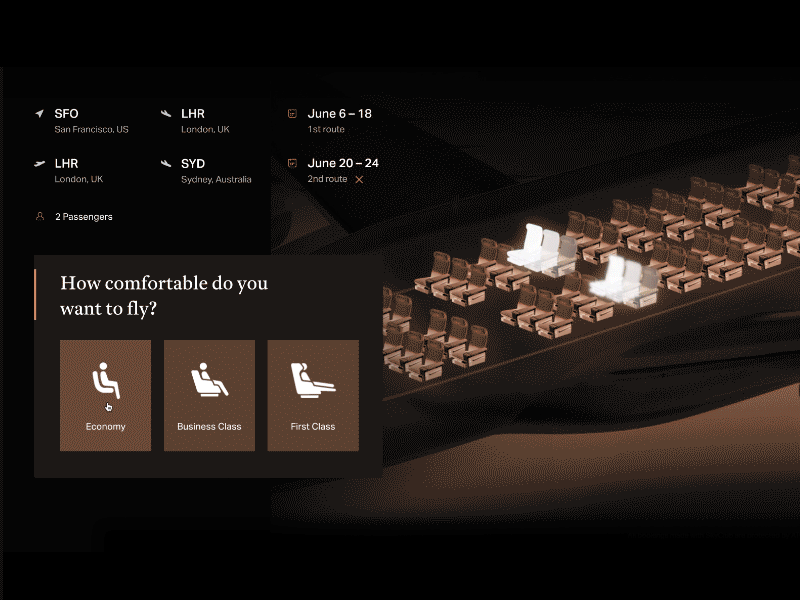 Premium UI for booking web site aircraft booking app business calendar choose class dark dates gold jet landing luxury map plane private jet seats select travel travel agency typogaphy