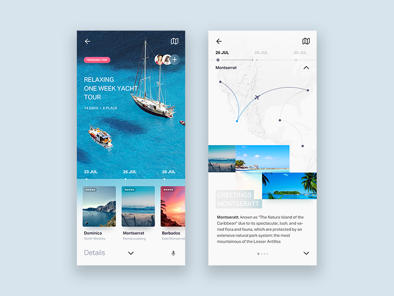 Travel UI design for AI product ui design blue water ship hollidays landing main layout content images cards aircraft plane navigation rouad trip preview planning travel
