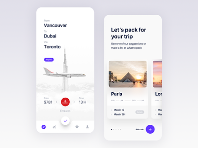 Travel app home screen UI design add aircraft airlines bar book booking clean clouds emirates icons paris plane simple time travel travel app traveling trip ui white