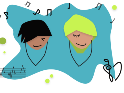 Music love adobe xd art blue girl boy listening treble clef love music abstract art abstract ui branding illustration vector minimal design