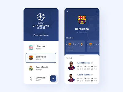 UEFA Championships League App UI app app ui application barca clean football mobile popular smart trend uefa ui ui design ux ux design ux designer