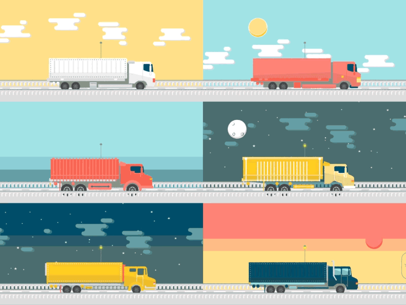 Trucks driving day and night animation cars day driving night road transportation truck trucks
