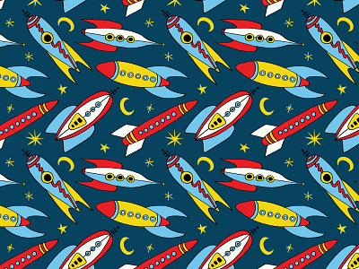 Ready for Takeoff! design drawing illustration moon repeating pattern rocketship seamless pattern stars toys vector vintage