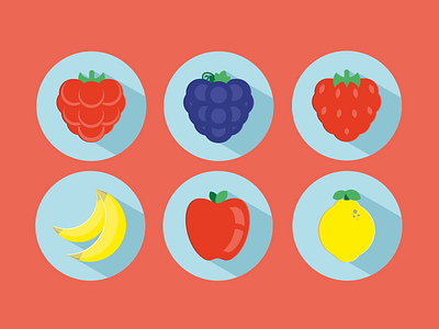 Flat Fruits Icons apple banana flat free fruits grapes icons lemon long shadow raspberry strawberry vector