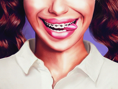 Brackets 2 ponytails brackets digital face girl hair illustration lipstick portrait smile tongue white blouse