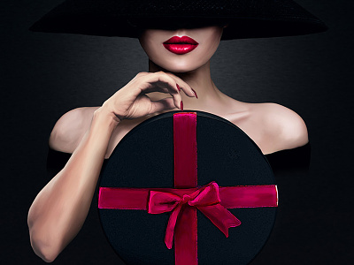 A gift background black blak bow covered gift gift box hand hat illustration lips lipstick maniqure portrait red round box shadow woman