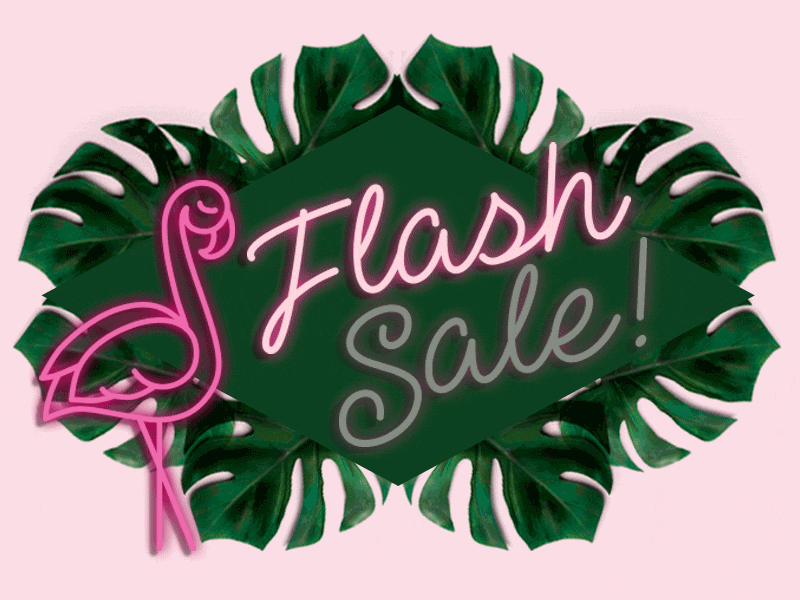 Happy Hour - Flash Sale animation flamingo happy hour neon neon sign palm fronds palm leaves palms pool summer summer time
