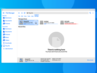 dreamOS File Manager app blue blue and white concept design material design material design 2 mockup operating system os ui ui ux design ux