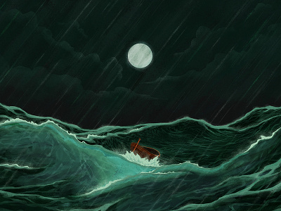 a distant shore boat design green illustration moon night sea storm water