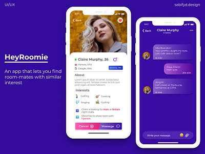 HeyRoomie - An app to find a room-mate apple chat figma interest ios match match making message message app messaging profile profile design profile page room room mate roomie roommate roommates similar interest