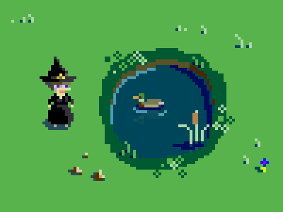 A witch, a duck, and very small rocks 16 bit 16bit 8 bit 8bit duck game mallard pixel pond sprite sprites videogame witch