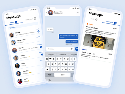 Message Mobile App - Chats & Notifications app blue branding chat clean design ios minimalis mobile mockup notification ui ux white