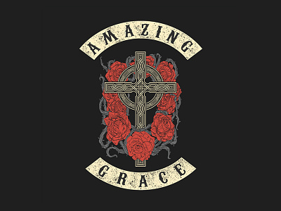 Amazing Grace akhzart badge band brand branding celtic christ clothing cross design graphic design illustration logo merch rose vector